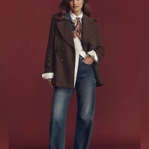 Anthropologie Brown Coat with Blue Wide Leg Jeans